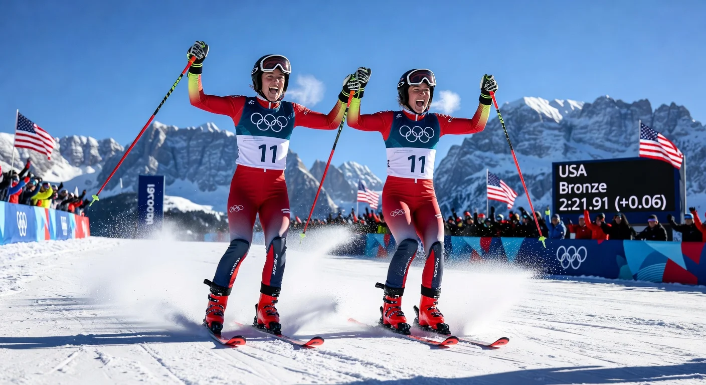 Paula Moltzan and Jacqueline Wiles cross the finish line to win bronze for USA in Olympic team alpine skiing.