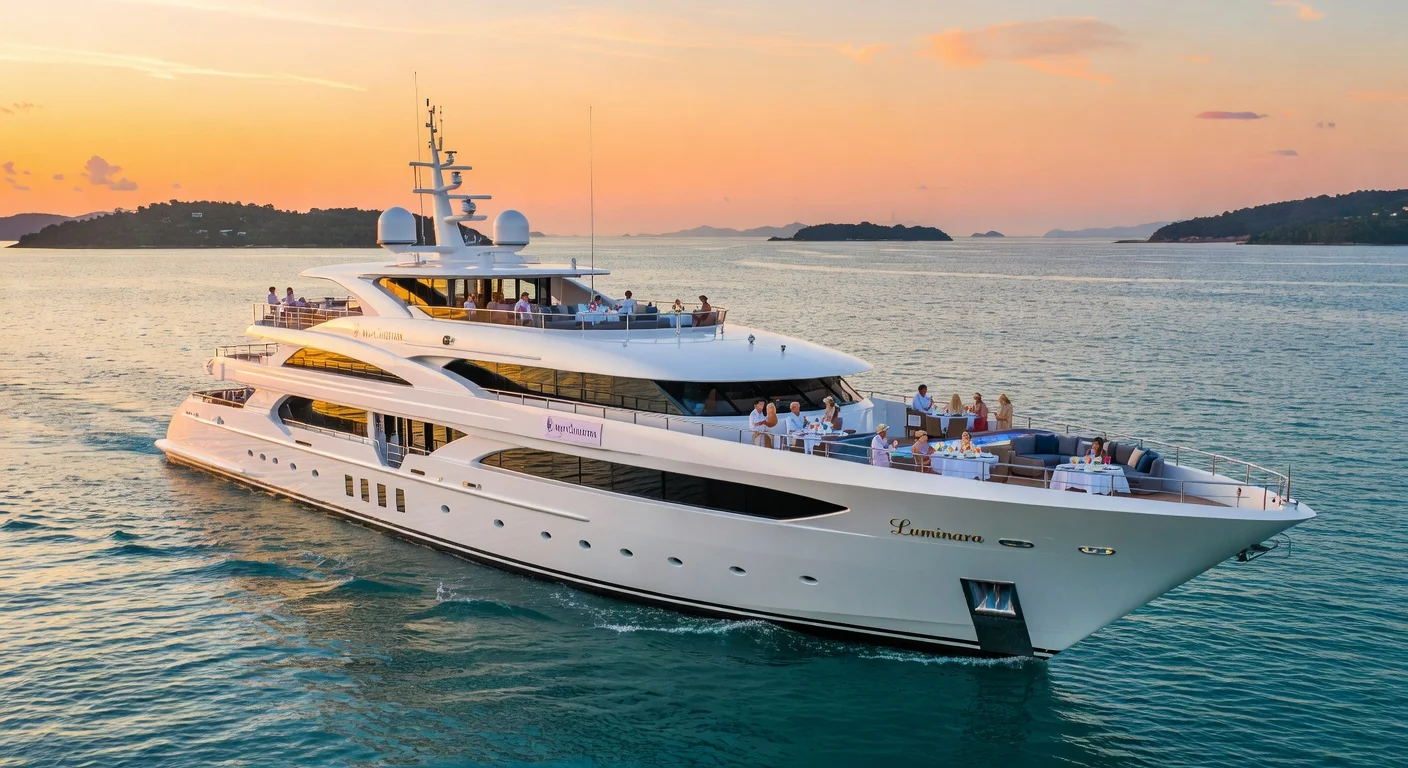 Luxury yacht Luminara sails on debut Asia cruise, elegant decks with passengers enjoying Ritz-Carlton sophistication at sunset.