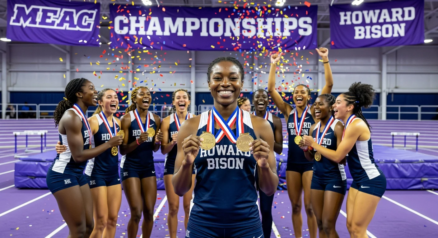 Howard Bison women's track team celebrates fifth straight MEAC indoor title, with standout freshman Alexis Jones displaying her gold medals.