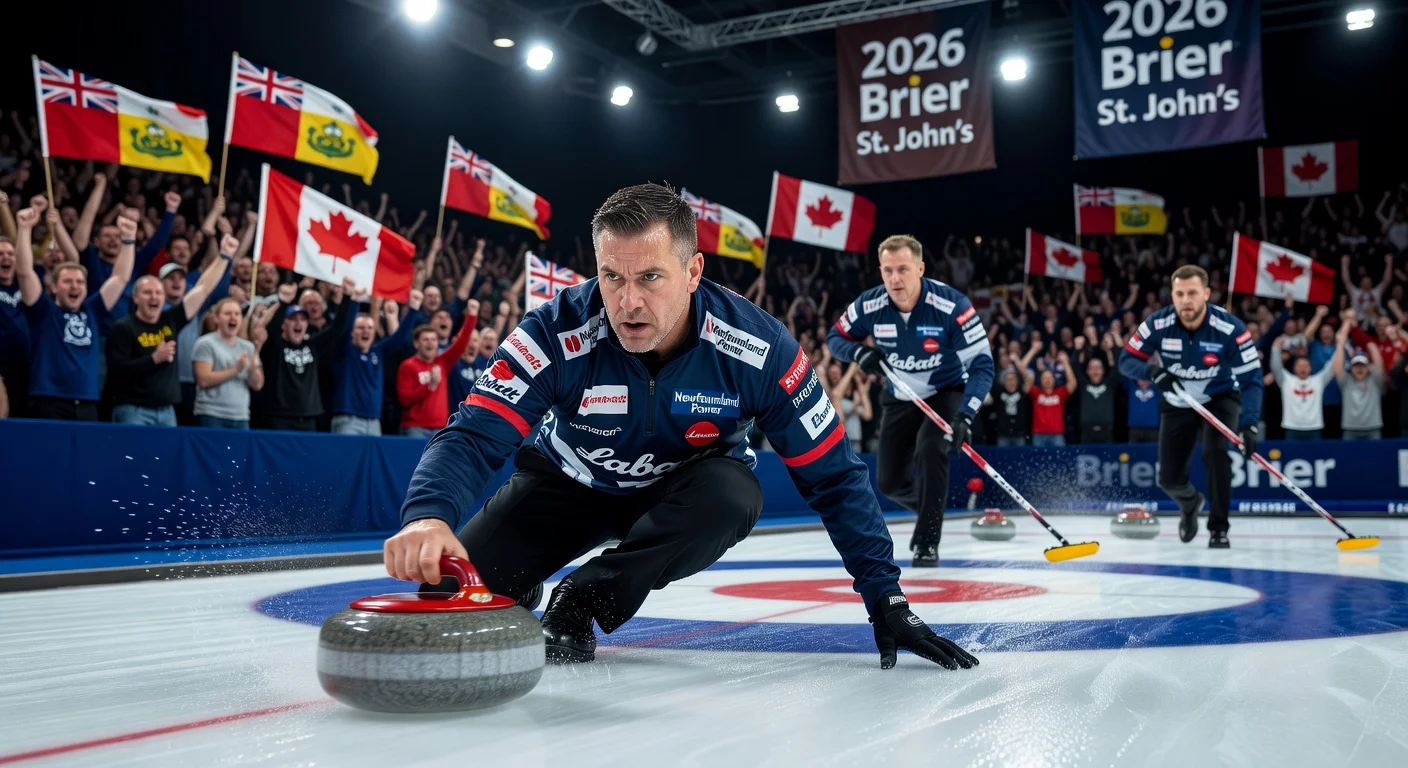 Brad Gushue intensely throws a curling stone during his emotional final Brier in St. John’s, with cheering fans and teammates in the background.