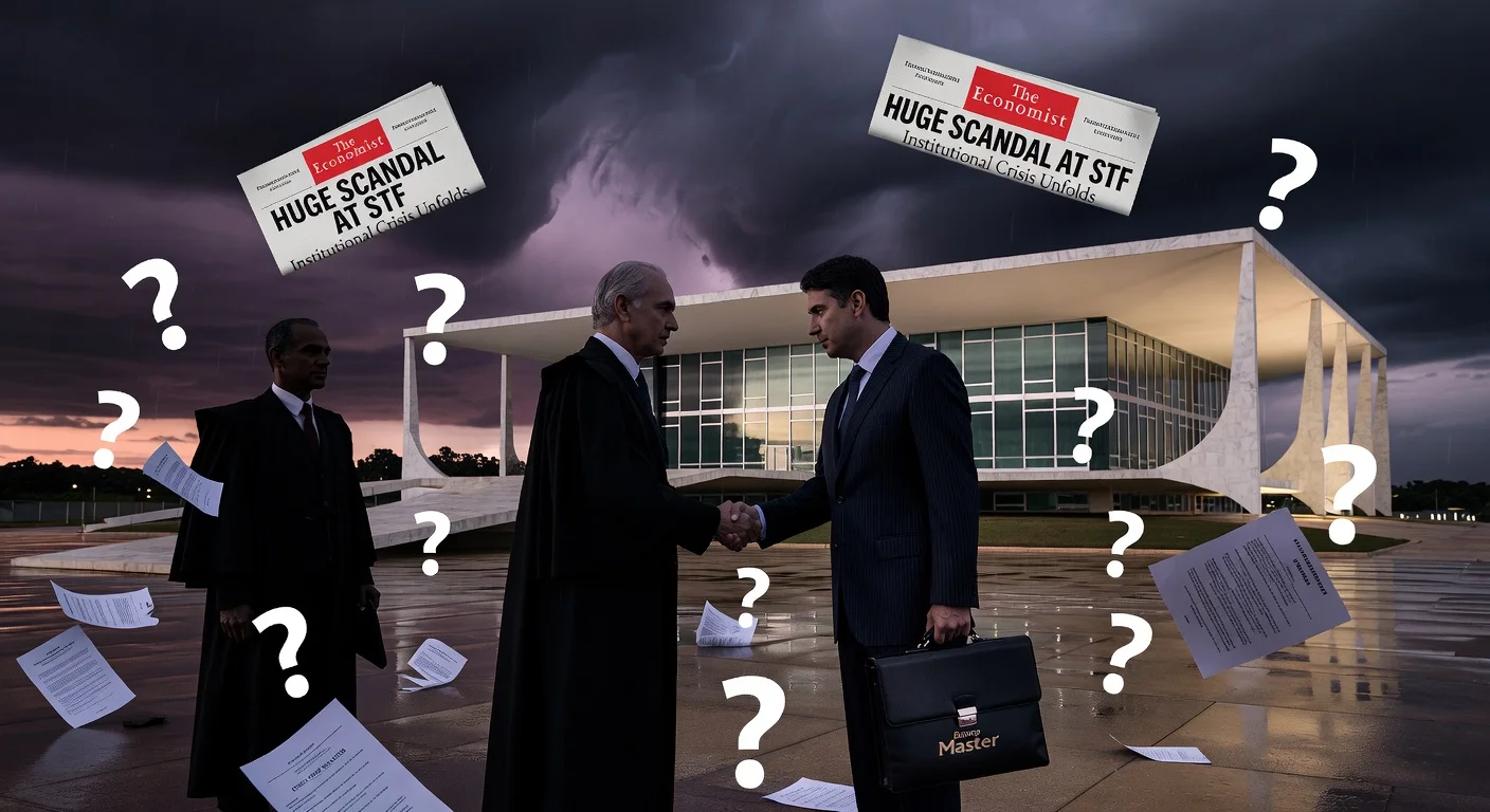Illustration depicting STF scandal involving justices Toffoli, Moraes, and banker Daniel Vorcaro, as reported by The Economist.