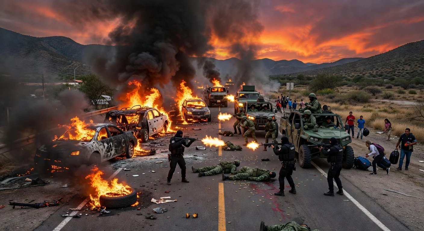 Dramatic scene of burning road blockades and shootout between cartel gunmen and National Guard on a Mexican highway amid post-El Mencho violence surge.