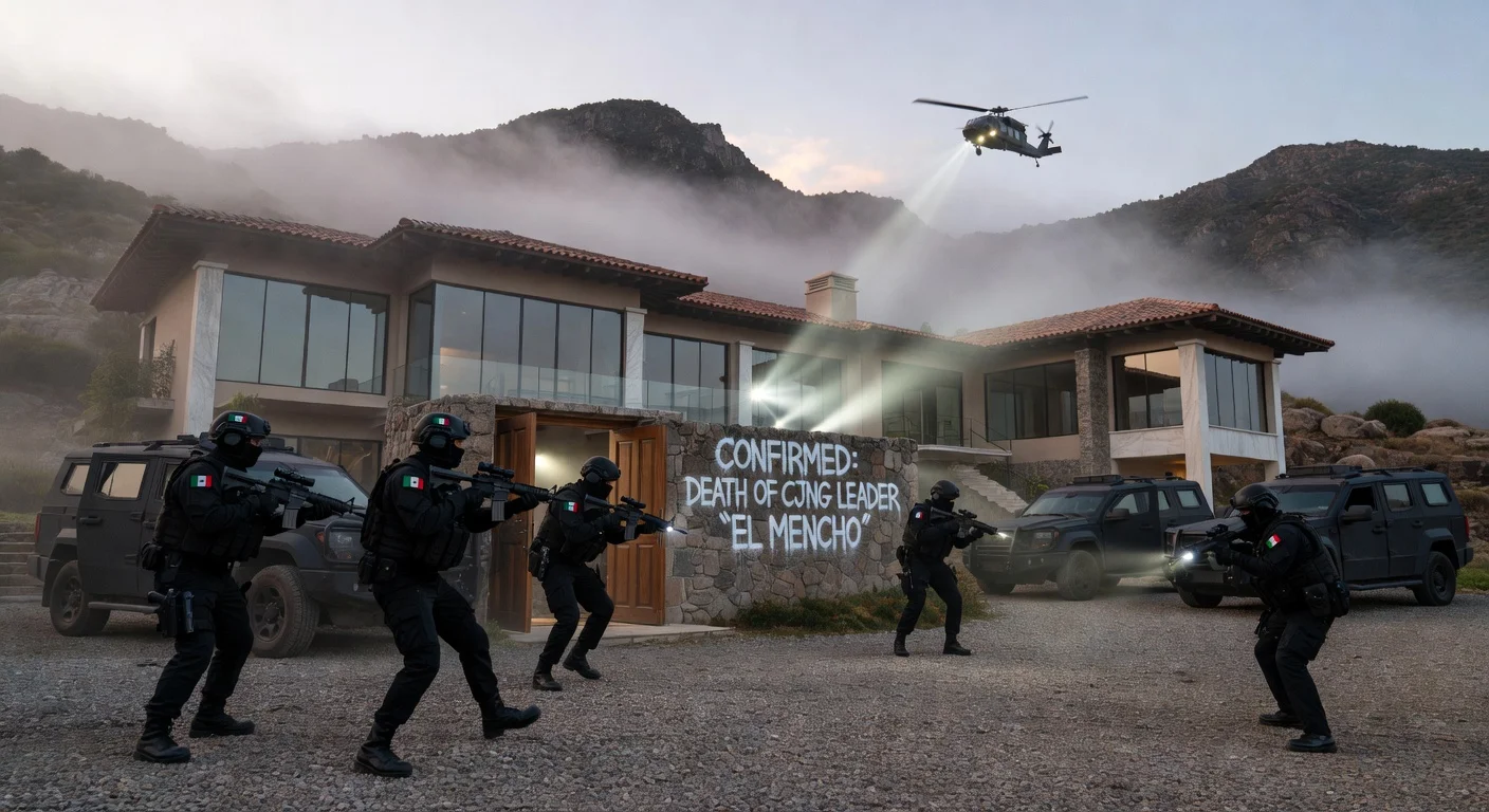 Dramatic illustration of Mexican forces raiding CJNG leader El Mencho's hideout in Jalisco mountains.