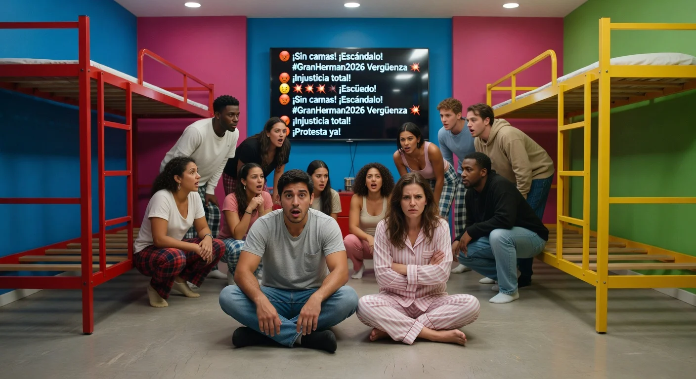 Two Gran Hermano 2026 participants sitting outraged on the floor without beds amid shocked housemates in the reality show house.