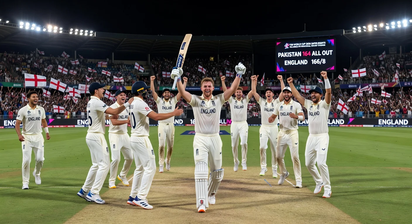 England captain Harry Brook celebrates unbeaten century in thrilling two-wicket win over Pakistan, qualifying for T20 World Cup semis.