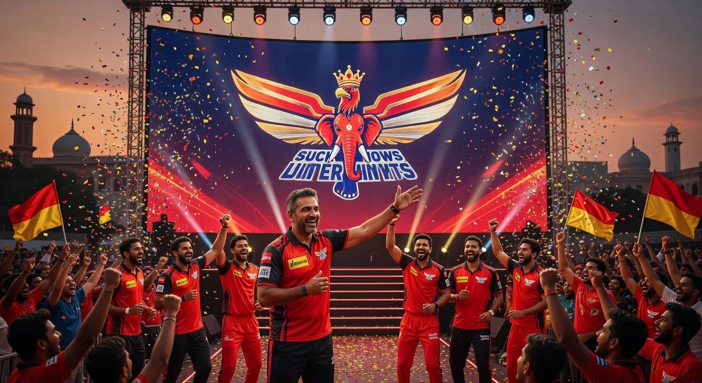 LSG unveils bold red IPL 2026 logo with Garuda, crown, and elephant at Lucknow event.