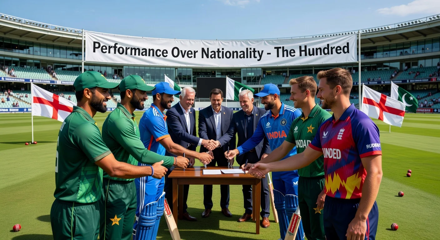 Diverse cricketers from Pakistan, India, and England uniting on the pitch, illustrating ECB's vow of no discrimination in The Hundred tournament.