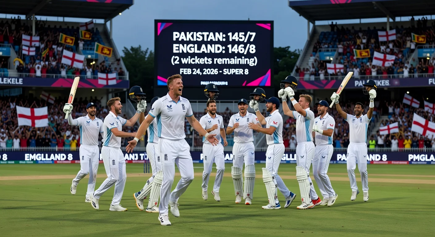 England cricket team celebrates two-wicket win over Pakistan in T20 World Cup 2026 Super 8 at Pallekele Stadium, securing semi-final spot.