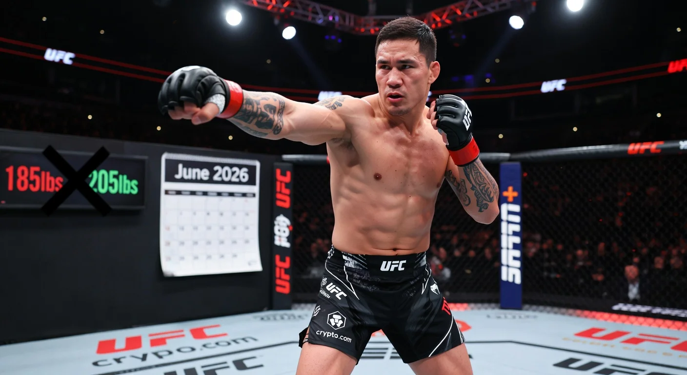 Realistic photo illustration of Robert Whittaker announcing his UFC light heavyweight move, posing confidently in the octagon with symbolic weight class transition.