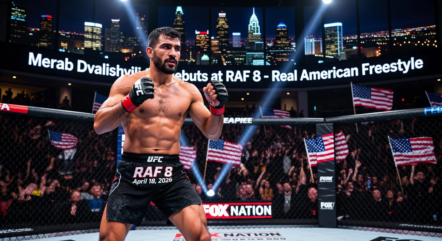 Merab Dvalishvili in fighting stance inside MMA cage at RAF 8 event in Philadelphia, announcing his debut.