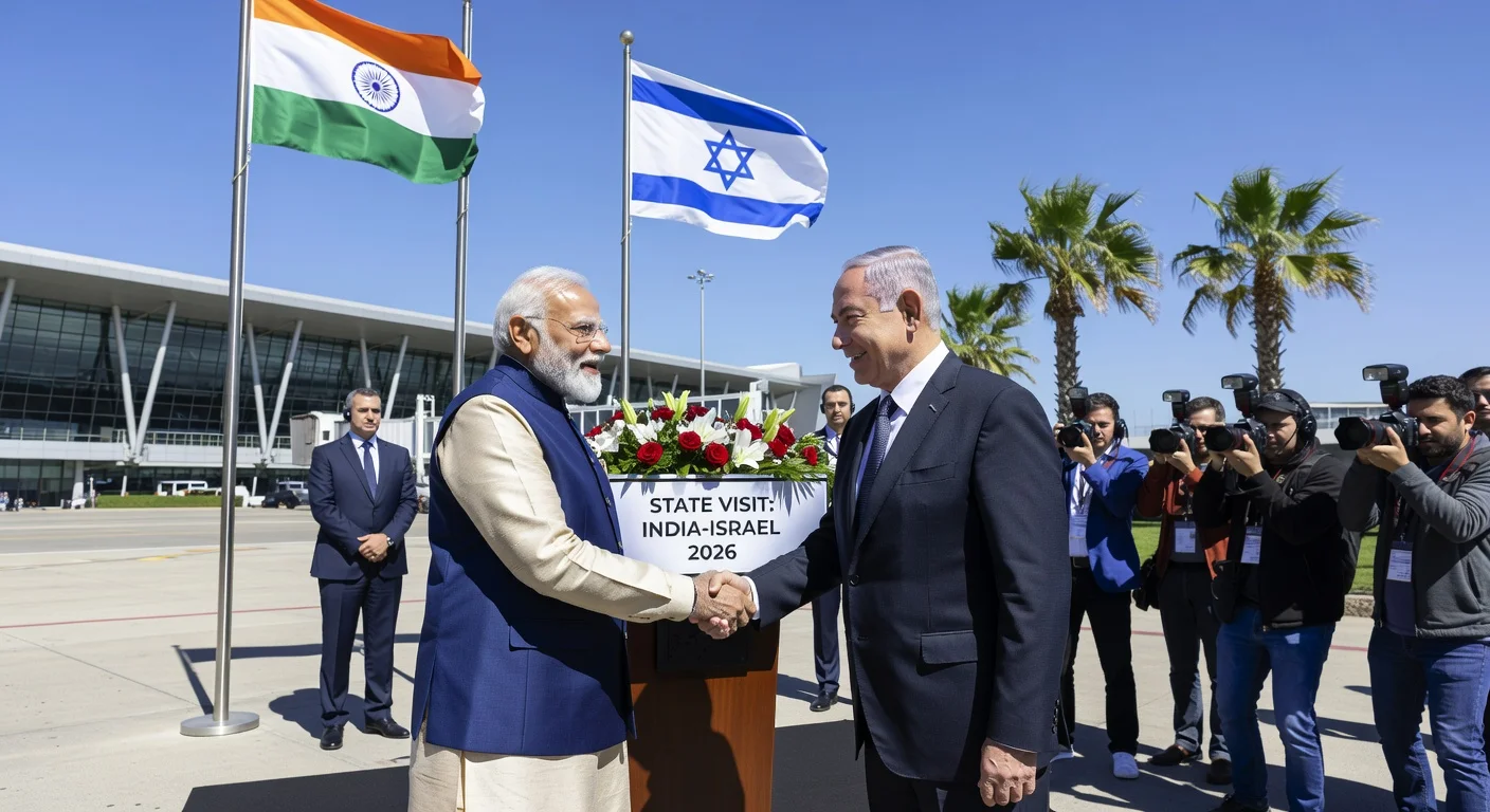 PM Narendra Modi shakes hands with PM Benjamin Netanyahu upon arrival in Israel, with national flags and security in the background.