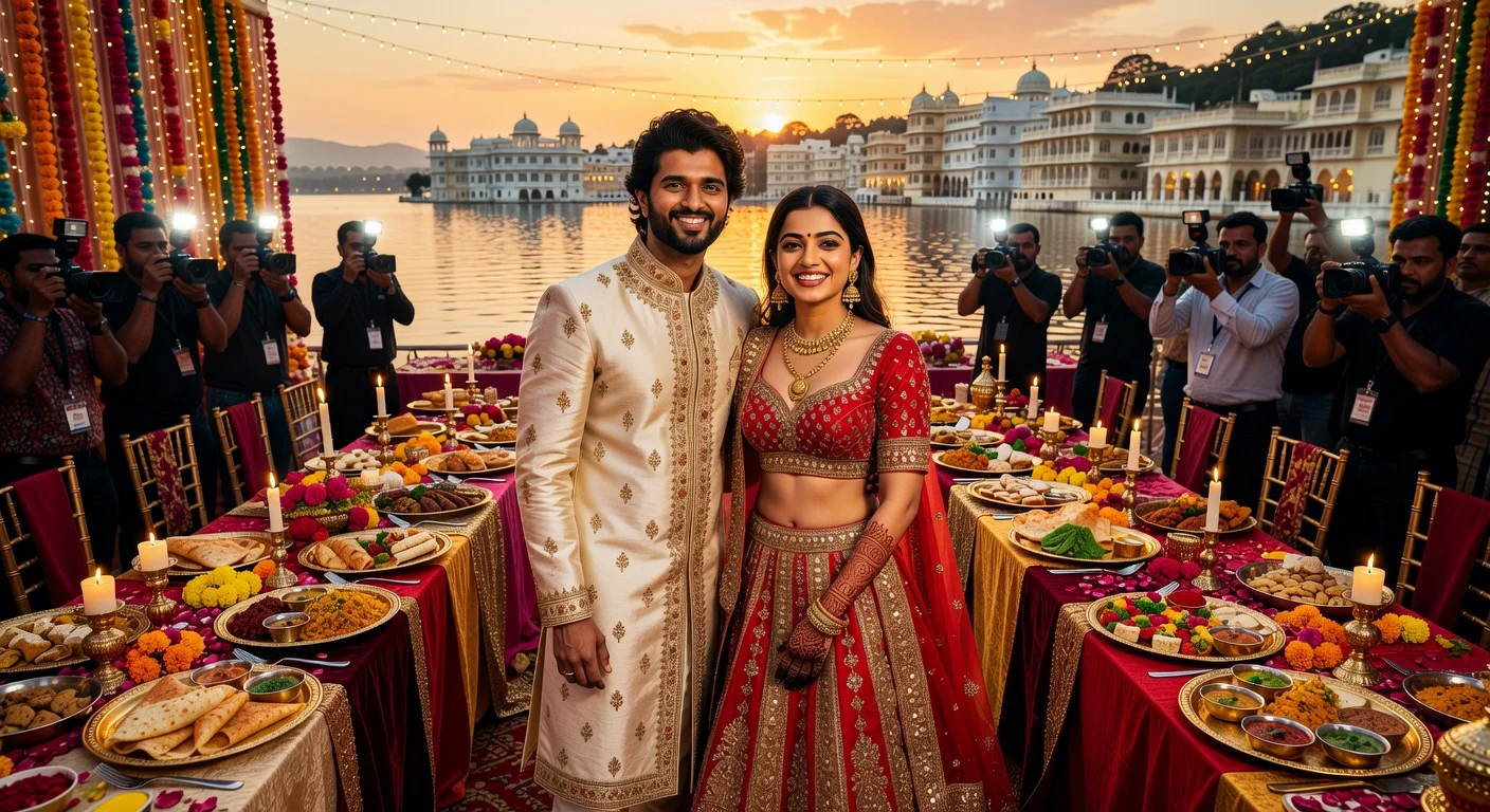 Vijay Deverakonda and Rashmika Mandanna hosting paparazzi at their Udaipur wedding festivities with lavish banquet.