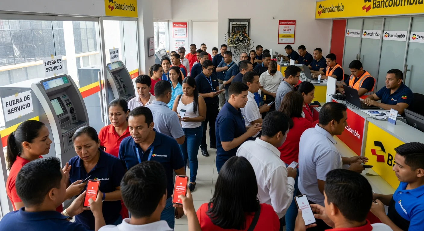 Illustration depicting frustrated customers and technical staff at a Bancolombia bank branch during a widespread service outage.