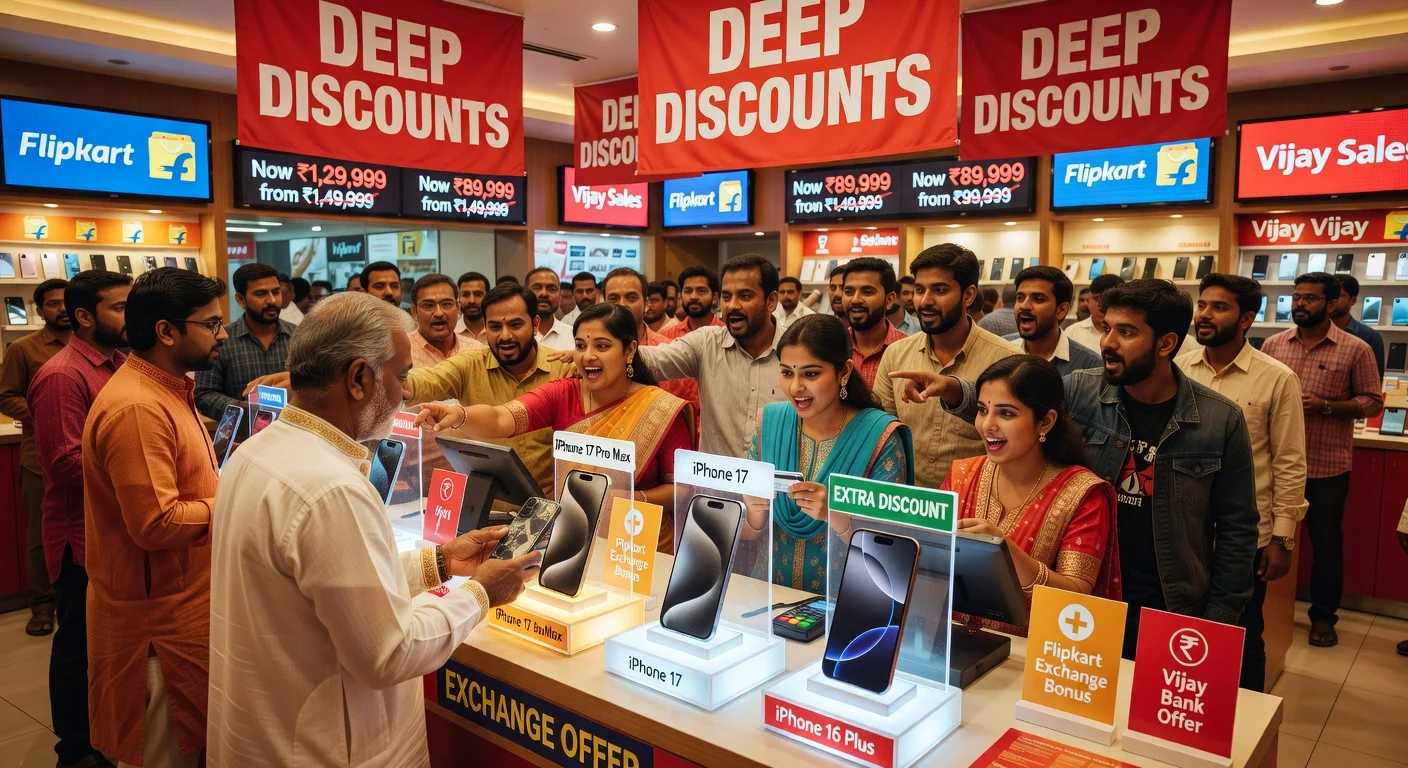 Indian shoppers discovering deep discounts on iPhone 17 series and 16 Plus at Flipkart and Vijay Sales stores.