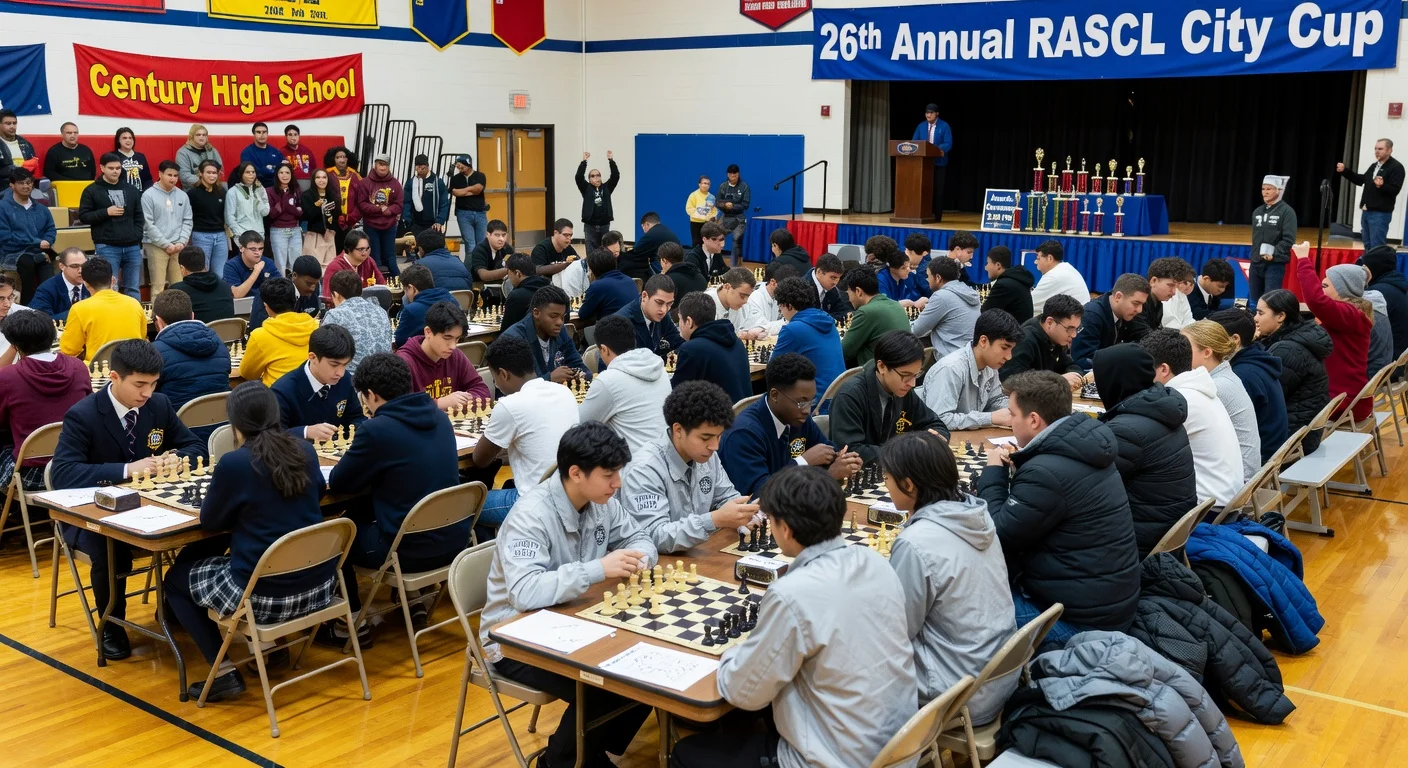 Teenage students competing in the 26th annual RASCL City Cup chess tournament semifinals at Century High School gymnasium.