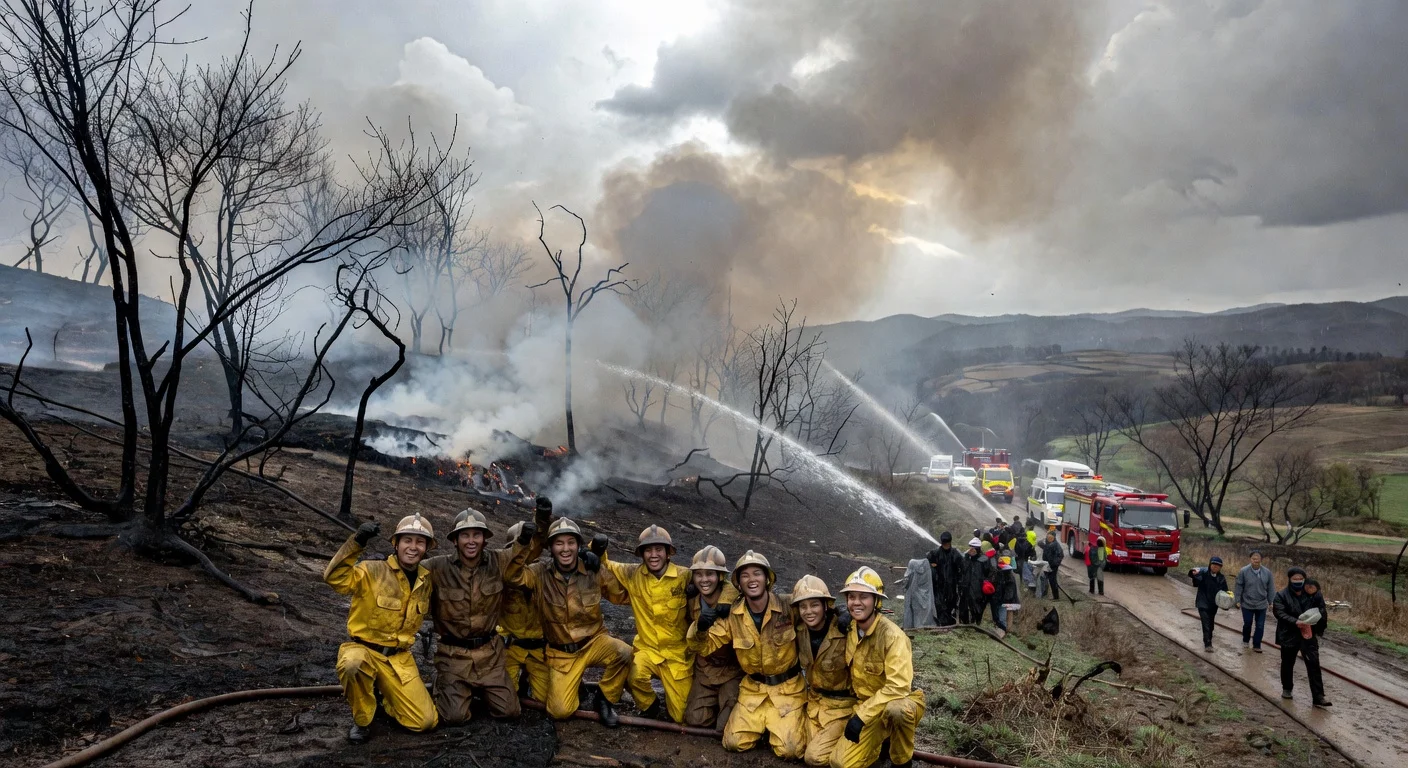 Firefighters extinguishing the last flames of the Miryang wildfire amid smoke and rain, with charred landscape in southeastern South Korea.