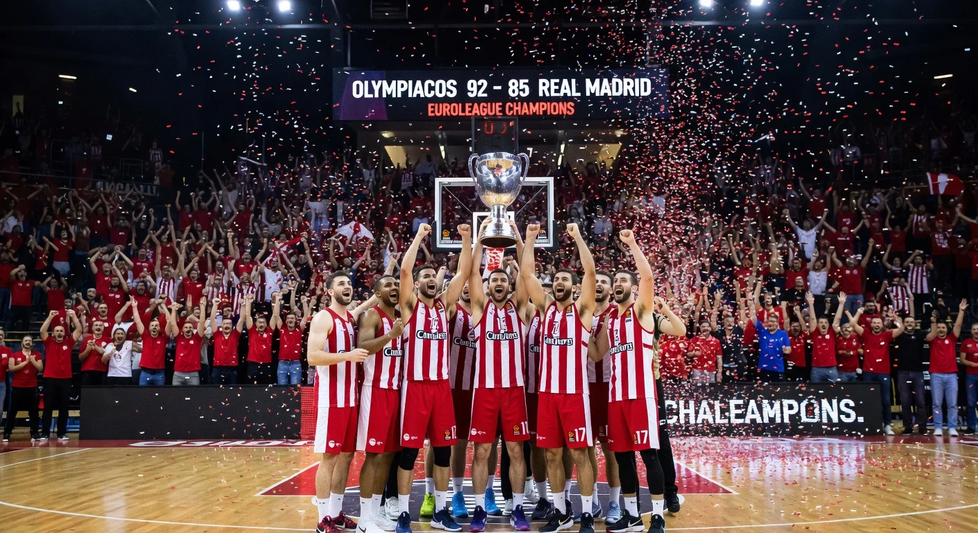 Olympiacos basketball players celebrating their EuroLeague championship win over Real Madrid in Athens.