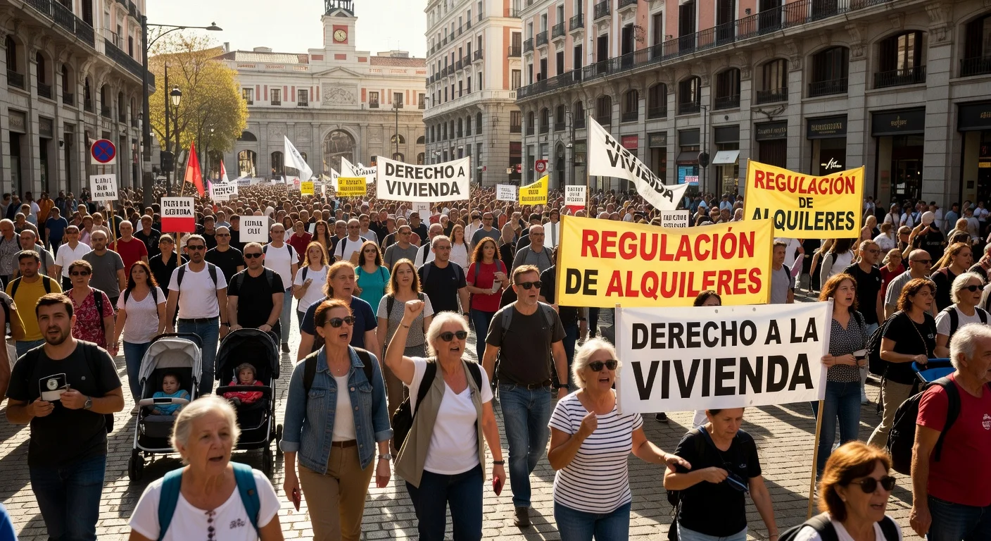A large crowd of protesters marching through the streets of Madrid holding signs for housing rights.