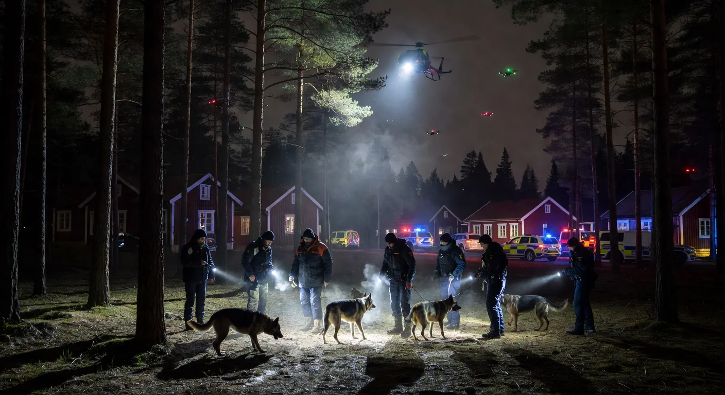 Nighttime search operation with helicopters, dogs, and drones for a missing two-year-old boy in a rural area.