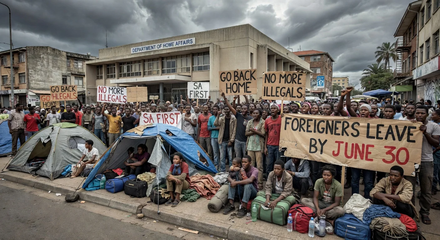 Refugees camping outside Home Affairs office during xenophobic protests in Durban with deadline signs.