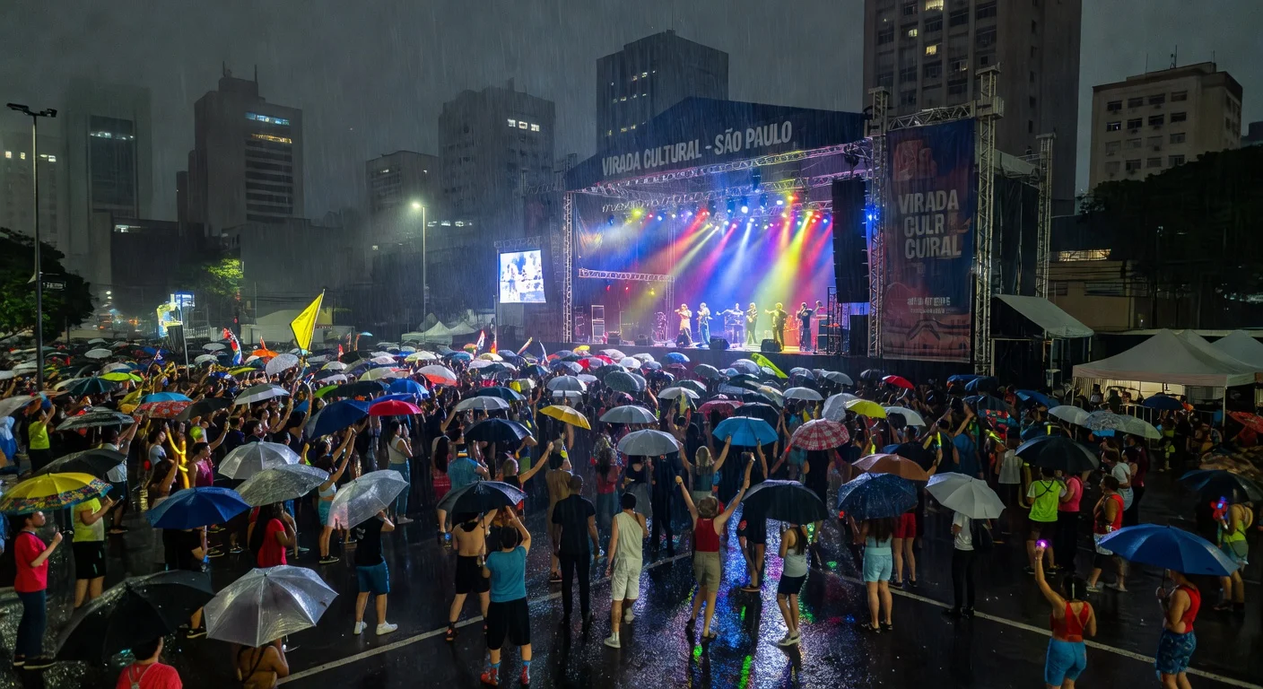 Crowds braving rain at Virada Cultural stages in São Paulo with performers visible.