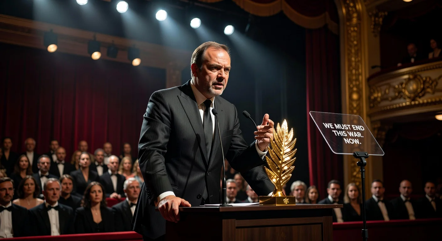 Russian director Andrey Zvyagintsev passionately speaking at Cannes podium urging end to war