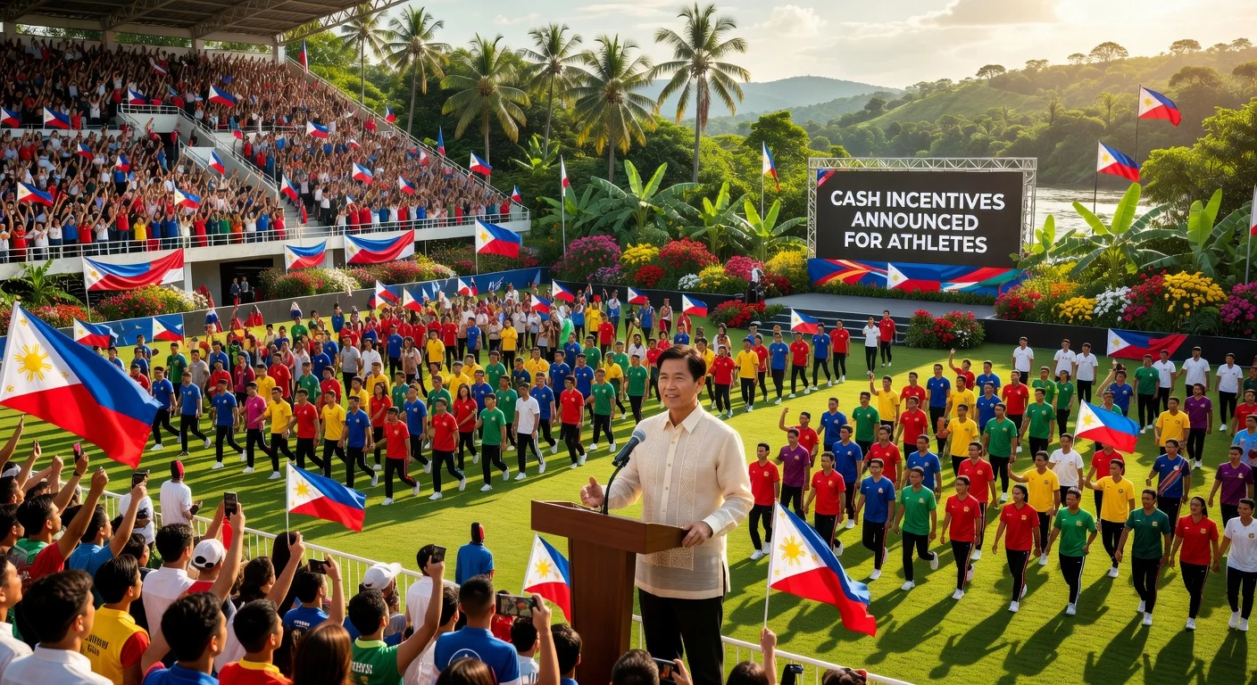Opening ceremony of Palarong Pambansa 2026 in Agusan del Sur featuring athletes, crowds, and President Marcos announcing incentives.