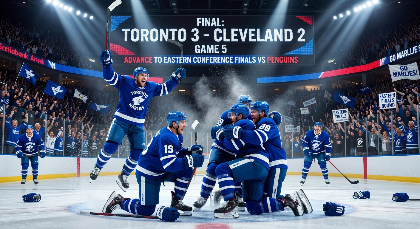 Toronto Marlies players celebrating their series win on the ice.