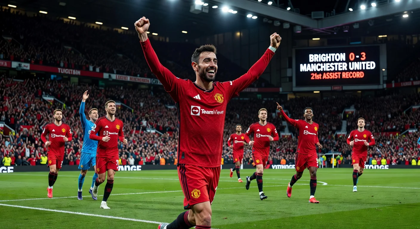 Bruno Fernandes celebrating Manchester United's 3-0 victory over Brighton and his record-breaking 21 assists.
