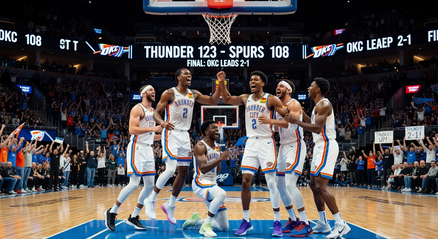 Oklahoma City Thunder players celebrating victory over San Antonio Spurs in NBA playoffs
