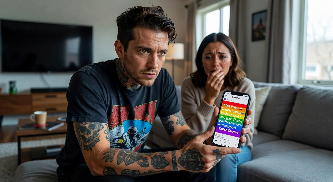 Illustration of Caleb Shomo coming out as gay alongside his wife Fleur.