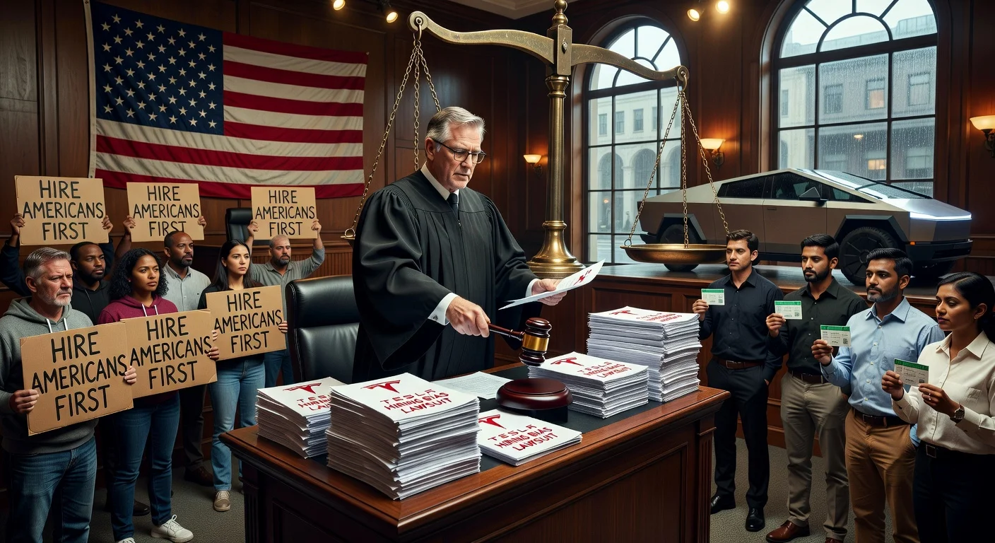 Federal judge in San Francisco courtroom ruling on Tesla's alleged hiring discrimination lawsuit favoring H-1B visa holders over U.S. workers.