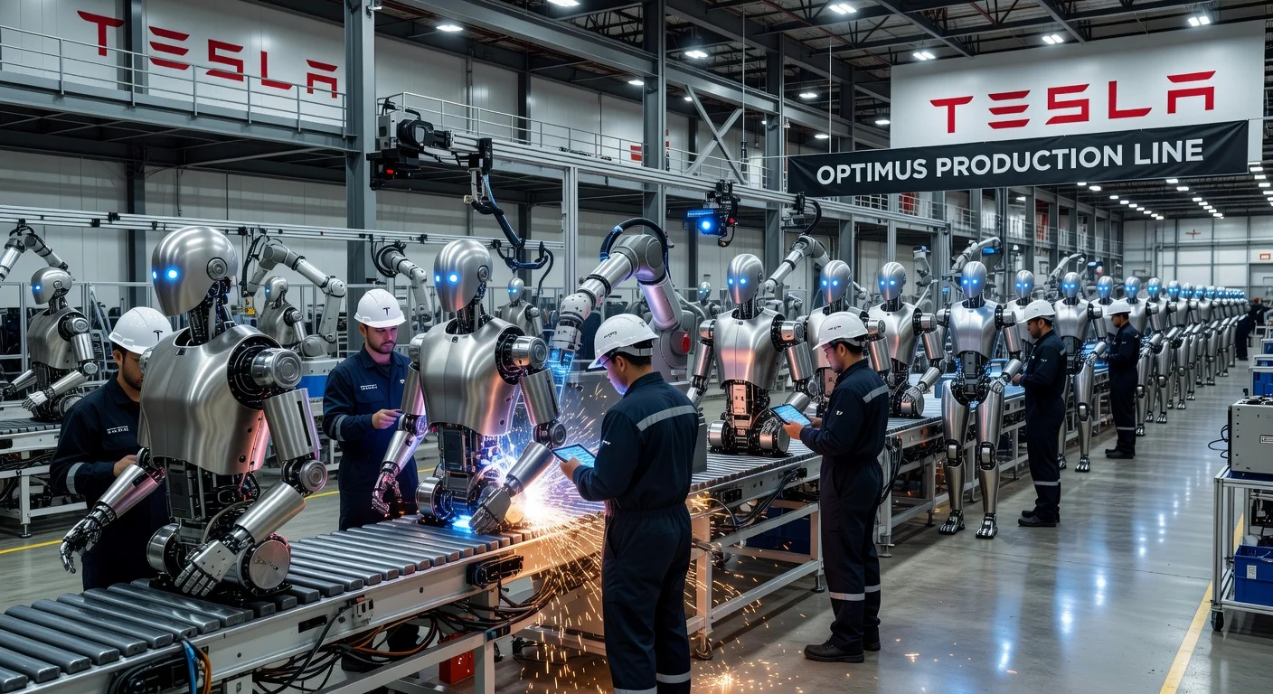 Photorealistic illustration of Tesla's Fremont factory assembly line shifted to producing Optimus humanoid robots.