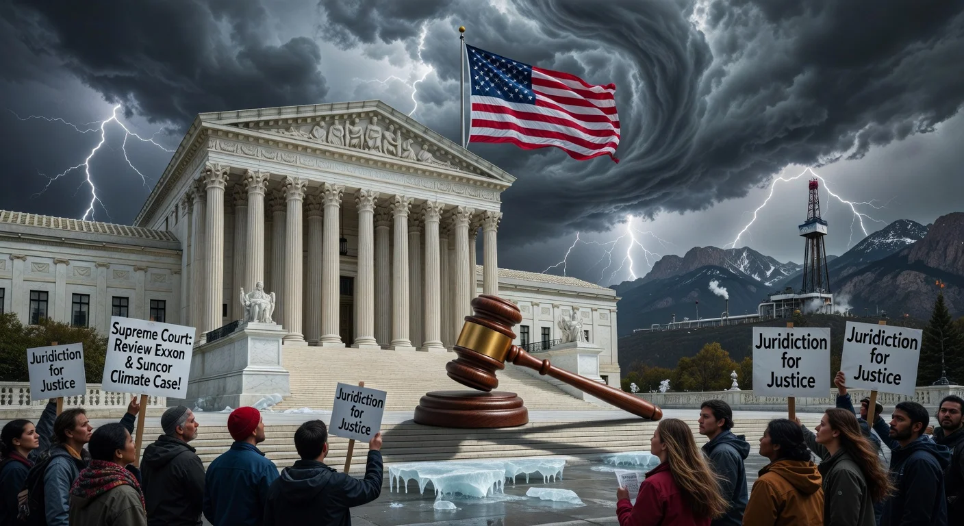 U.S. Supreme Court building amid stormy skies with climate protesters holding signs about Exxon and Suncor lawsuit from Boulder County.