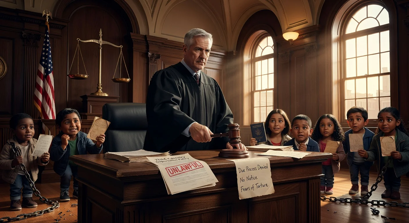U.S. District Judge Brian E. Murphy in courtroom, gavel down on documents blocking Trump deportation policy, symbolic relieved immigrants foreground.
