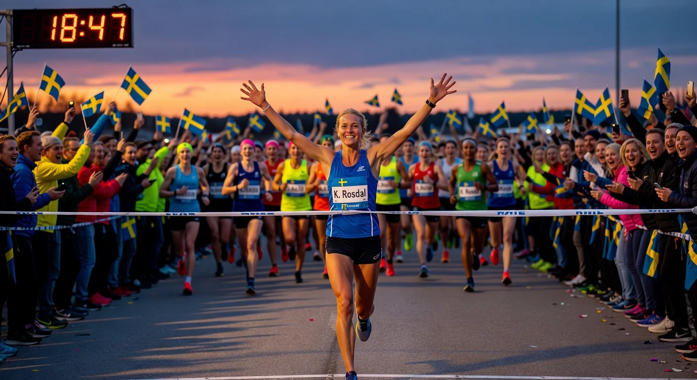 Kajsa Rosdal crossing the finish line to win the Vårruset race with other runners in the background.