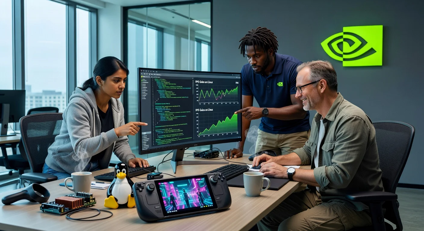 Nvidia engineers collaborating on Linux gaming enhancements with Vulkan, Proton, and Steam Deck in a high-tech office.