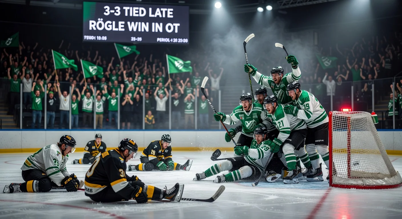 Dejected Örebro Hockey players on ice after overtime loss to celebrating Rögle in HockeyAllsvenskan semifinal.
