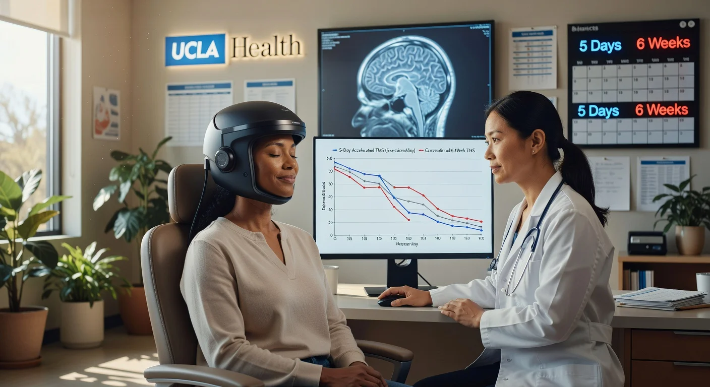 UCLA study illustration: Patient receiving accelerated TMS therapy in clinic, with efficacy graphs comparing 5-day vs 6-week treatments.