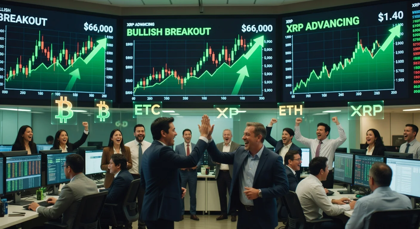 Realistic depiction of crypto traders celebrating Bitcoin-led market rebound to $66,000 with surging charts on screens.
