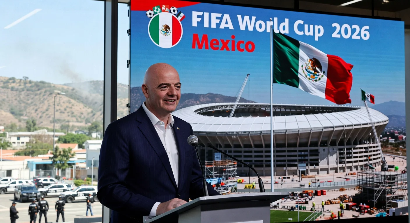 FIFA President Gianni Infantino confidently addressing Mexico's secure 2026 World Cup preparations despite Jalisco unrest.