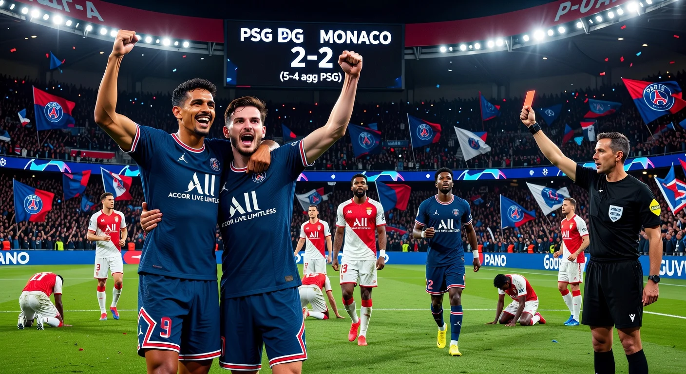 PSG players Marquinhos and Kvaratskhelia celebrate advancement over Monaco (2-2, 5-4 agg) in Champions League playoff at Parc des Princes amid red card drama.