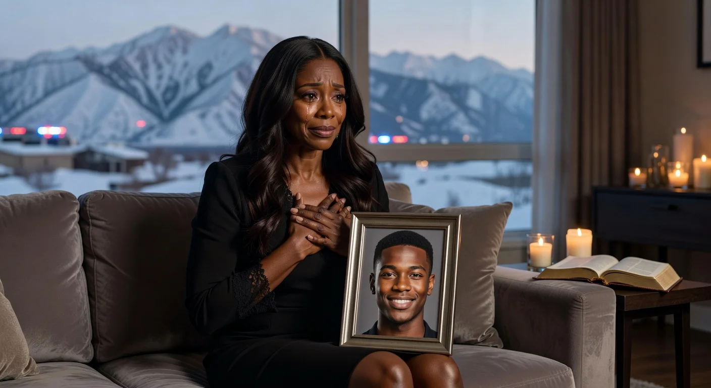 Somber illustration of Real Housewives star Mary Cosby grieving the death of her son Robert Cosby Jr. at 23, holding his photo amid symbols of faith and Utah landscape.