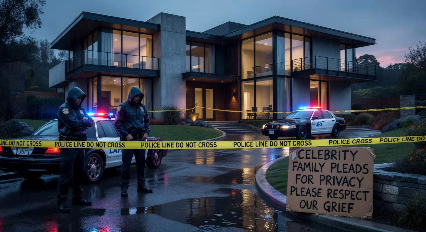 Somber photorealistic illustration of police at a Hollywood Hills home following the tragic death of Martin Short's daughter.