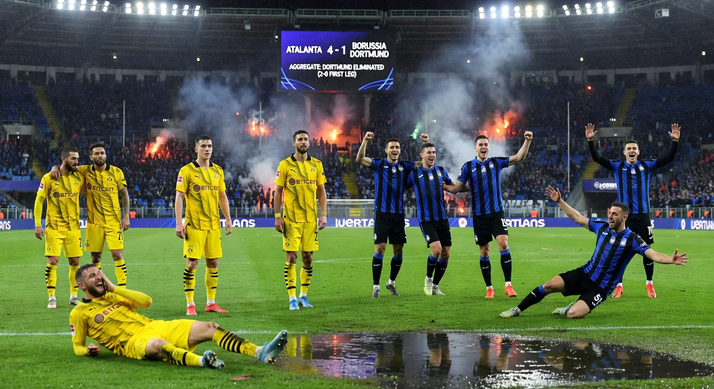 Dortmund players dejected after late penalty eliminates them from Champions League against celebrating Atalanta.
