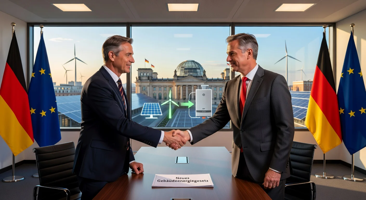 Union and SPD politicians shaking hands on new Building Energy Act reform, with energy transition symbols in a Berlin conference backdrop.