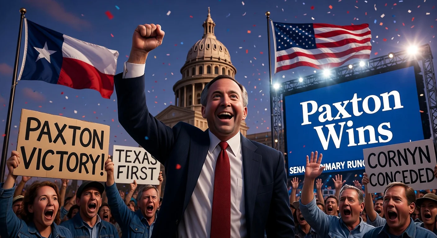 Illustration of Ken Paxton celebrating his Senate primary win against John Cornyn at the Texas Capitol.