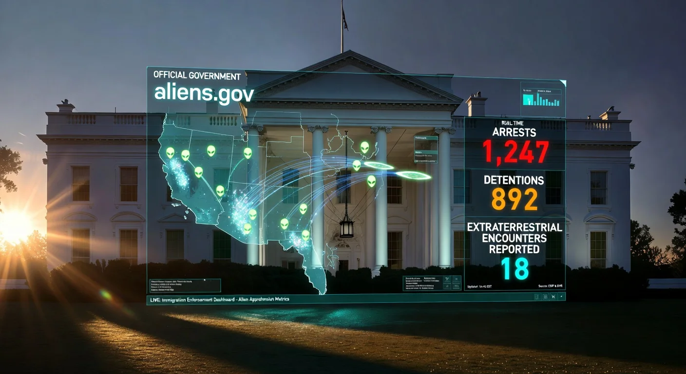 The White House with a holographic aliens.gov website display showing border enforcement map and statistics.