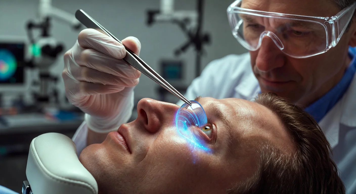 A researcher applies a platinum contact lens emitting mild electrical pulses to a patient's eye in a lab setting for experimental cornea reshaping.