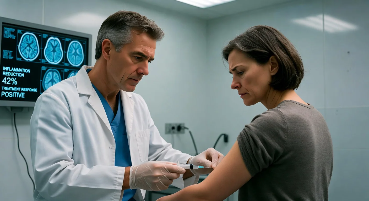 A doctor giving an injection to a patient in a clinic with brain scans in the background, illustrating a trial on immune drug for depression.